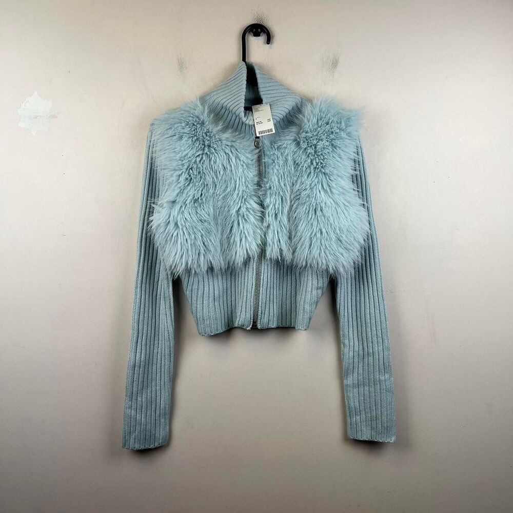 NWT The Ragged Priest Ribbed Knit Faux Fur Cardigan Blue Size 12